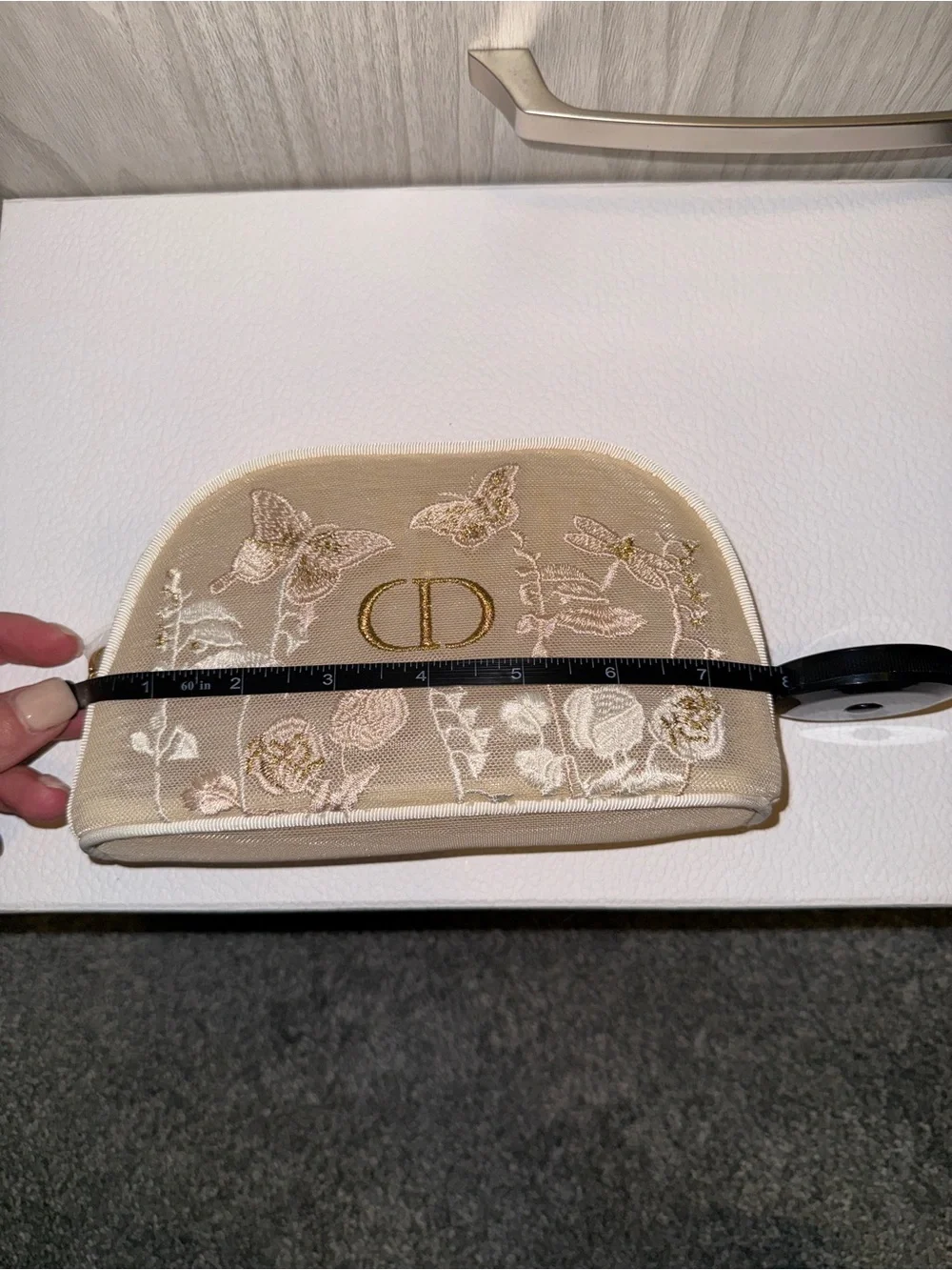 Dior Beige Floral & Butterfly Embroidered Cosmetic Pouch with CD Emblem